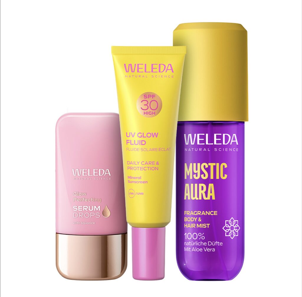 Packs de rituales de verano de Weleda con Booster Drops y Fluido Solar Glow SPF 30
