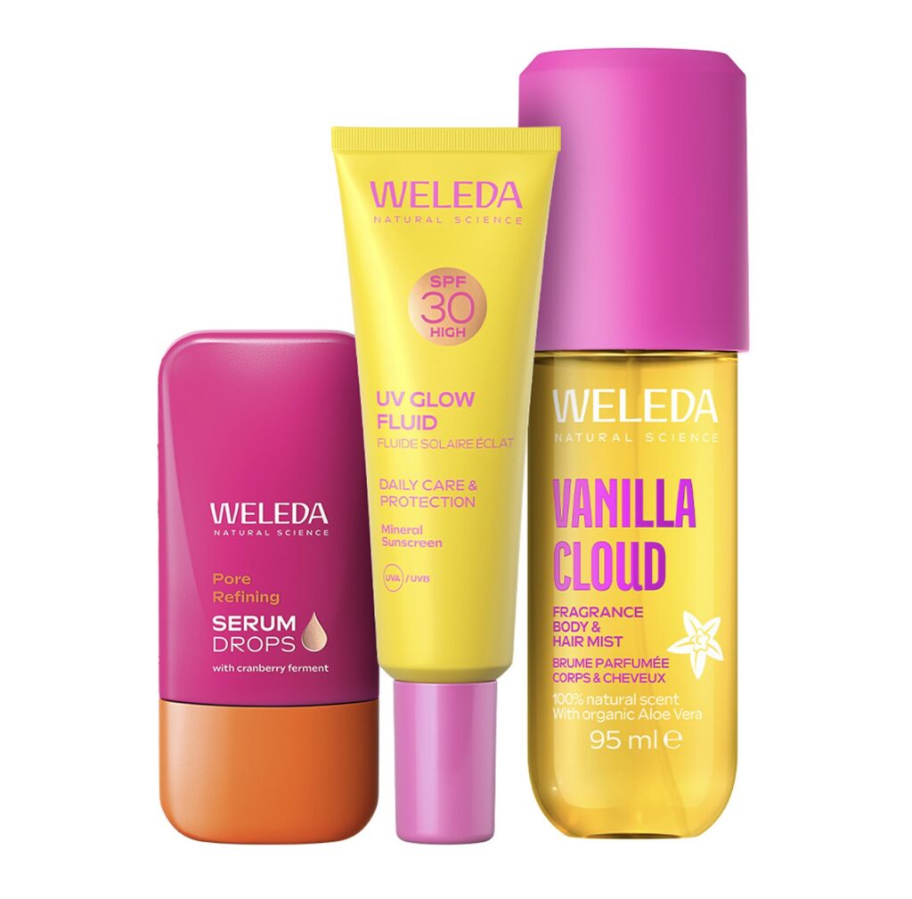 Packs de rituales de verano de Weleda con Booster Drops y Fluido Solar Glow SPF 30