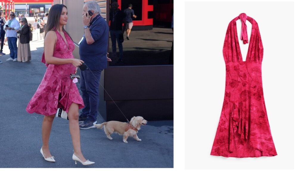 Alexandra Leclerc de perfil luciendo su embarazo con el vestido entallado fucsia flocado de Desigual.