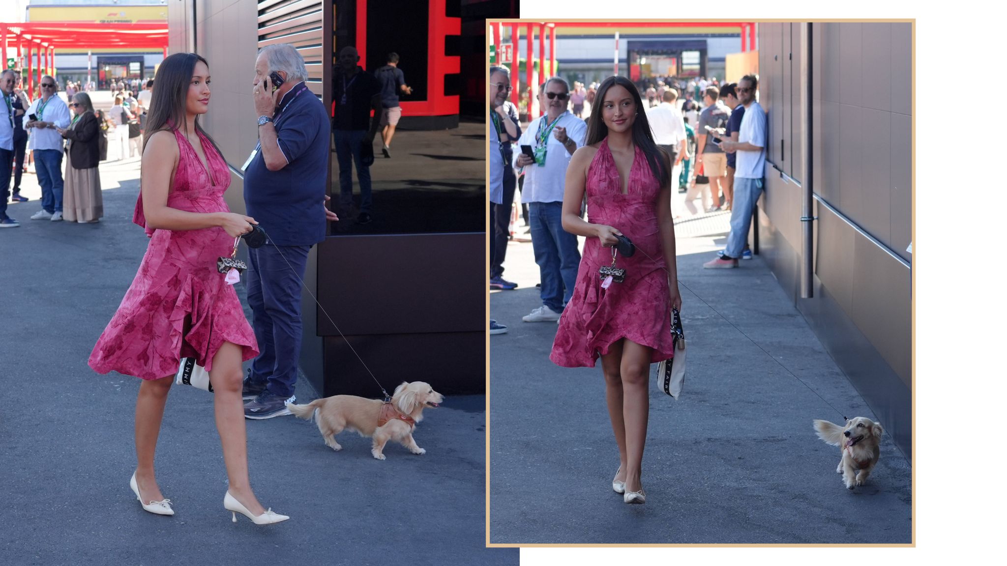 Alexandra Leclerc caminando por el paddock del Gran Premio de Madrid luciendo un vestido fucsia corto y paseando a su perro.