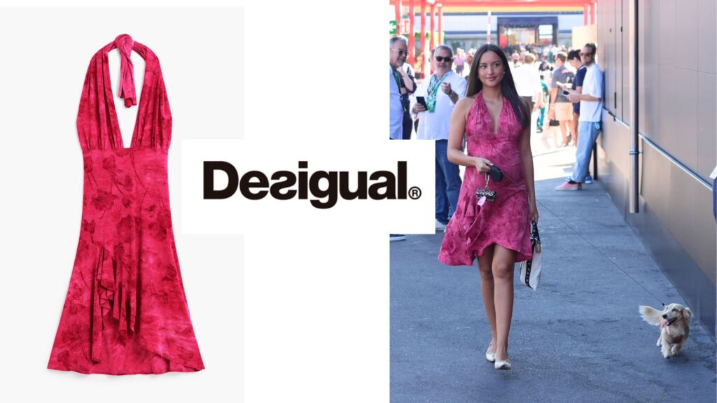 Bodegón del vestido halter fucsia con estampado floral flocado de Desigual junto a la imagen de Alexandra Leclerc.