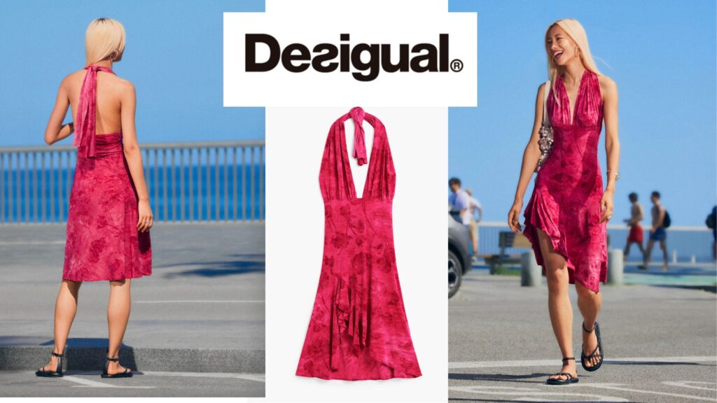 Modelos de catálogo luciendo la vista frontal y posterior del vestido halter flocado fucsia de Desigual.