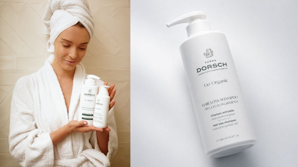 Envase del champú anticaída Hairloss Shampoo Go Organic de FARMA DORSCH junto a una modelo.