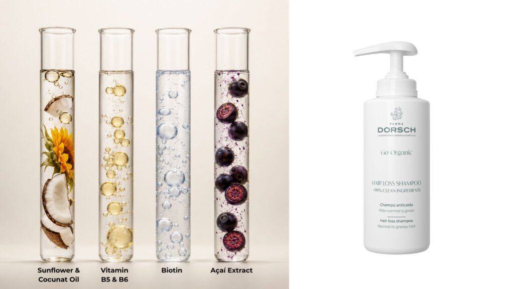 Tubos de ensayo con ingredientes botánicos y champú anticaída Go Organic sobre fondo blanco.