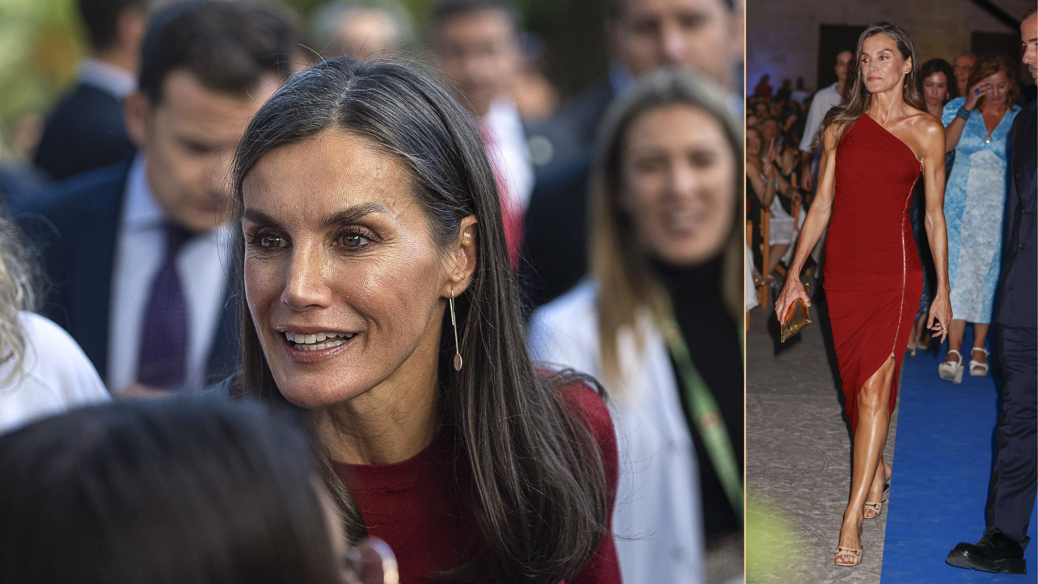Primer plano de la Reina Letizia luciendo su melena natural con canas y maquillaje luminoso