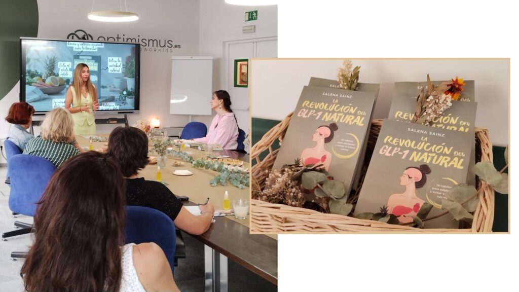Vista de la presentación del libro de Salena Sainz ante profesionales de salud y belleza junto a ejemplares sobre una mesa.