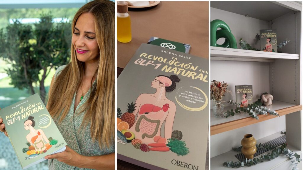 Detalle de la portada del libro La revolución del GLP-1 Natural y la autora Salena Sainz en el fondo.