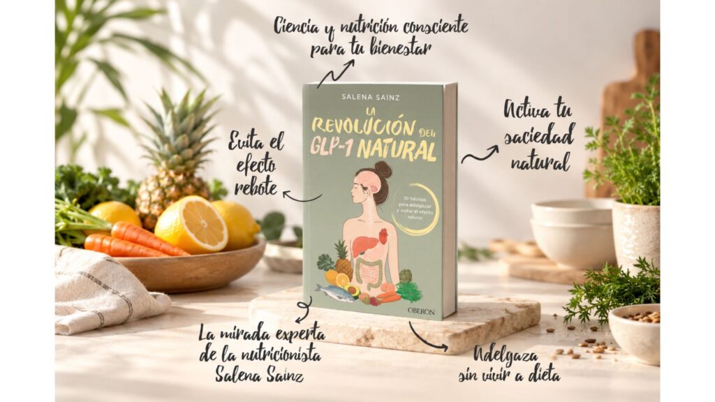 Libro La revolución del GLP-1 Natural rodeado de ingredientes frescos como piña y frutas en una cocina.