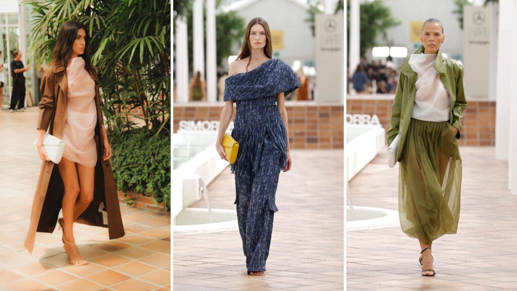 Modelos luciendo prendas envolventes y vestidos sueltos en tonos marrón, verde y azul de la colección FOLD IN de Simorra.