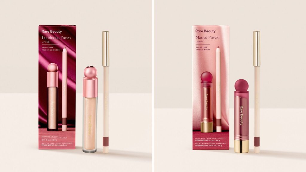 Perfilador de labios y labial en aceite en tono rosa malva de Rare Beauty.