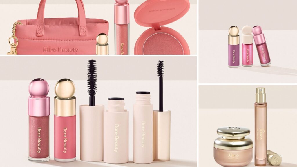 Composición con diversos productos de maquillaje y cosmética de la colección navideña de Rare Beauty.