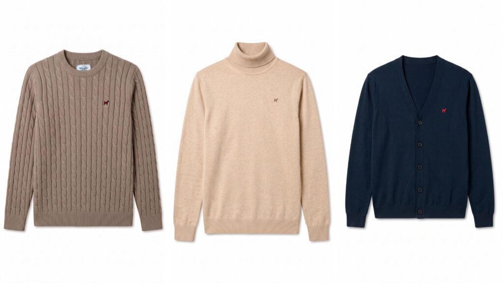 Selección de jerséis de algodón en tonos tierra, beige y azul marino sobre fondo blanco.