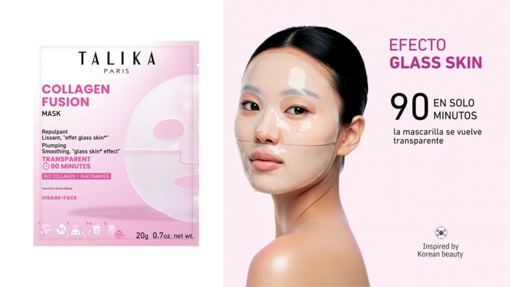 Caja de la mascarilla Talika Collagen Fusion junto a modelo luciendo la mascarilla hidrogel transparente.