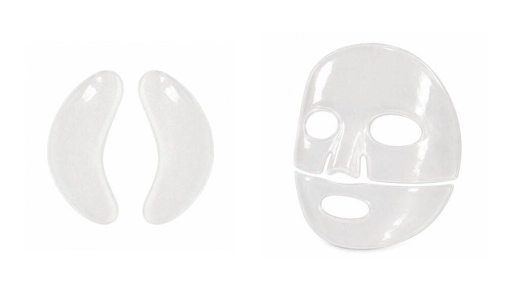 Vista de la mascarilla facial completa y el par de parches de hidrogel transparente de Talika.