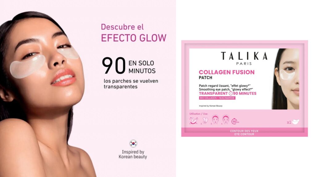 Modelo aplicando los parches Collagen Fusion Eye Patch de Talika bajo la mirada.