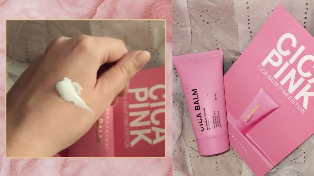 Muestra de textura cremosa del bálsamo CICA PINK aplicada sobre la piel de la mano junto a su empaque rosa.