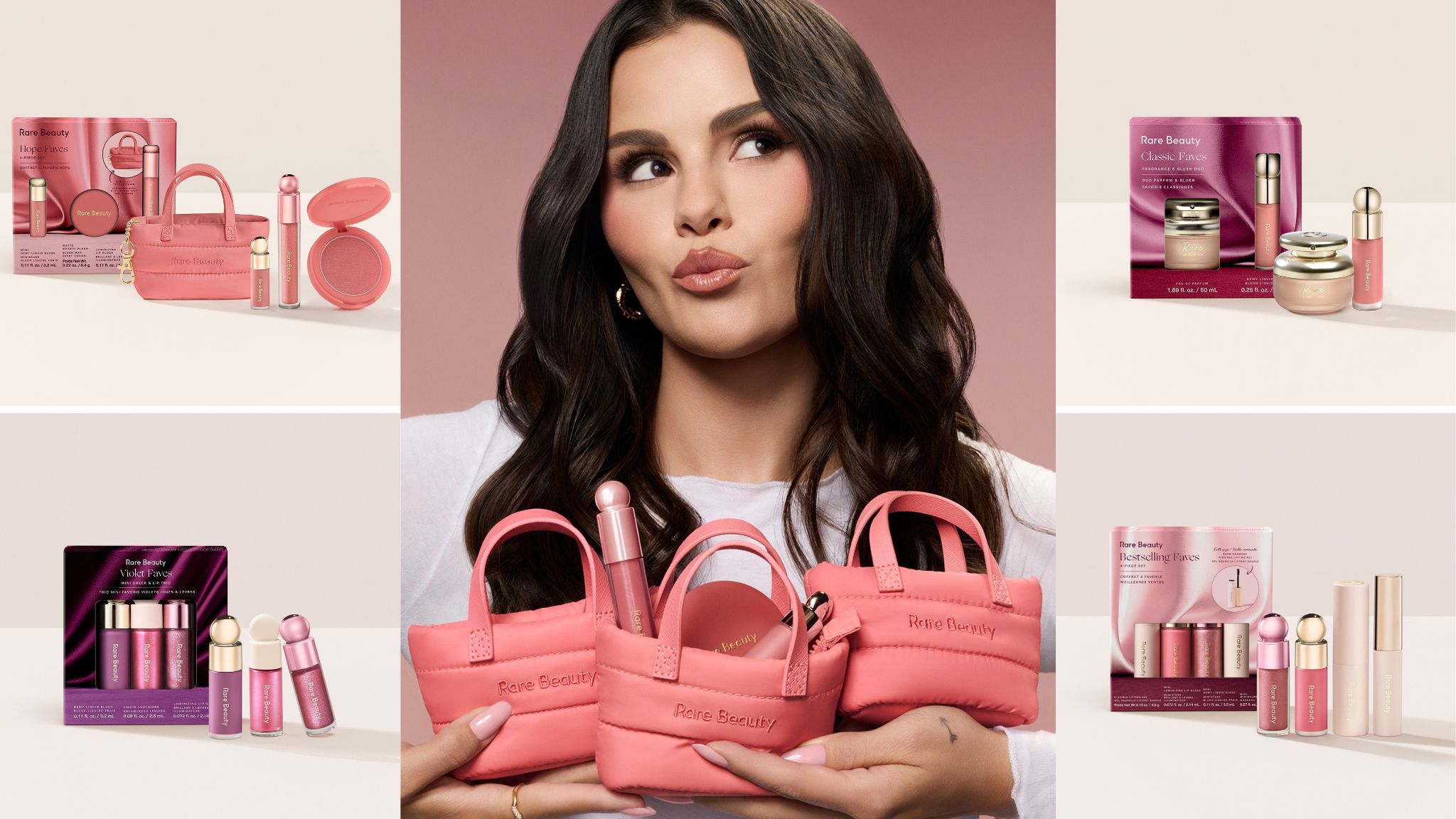 Selena Gomez sosteniendo los bolsitos acolchados y sets de maquillaje navideños de Rare Beauty.